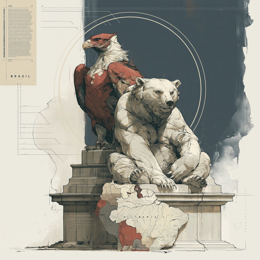 Brazil — brand plate: a red eagle and a bear over a map of Brazil, in the technical-plate style