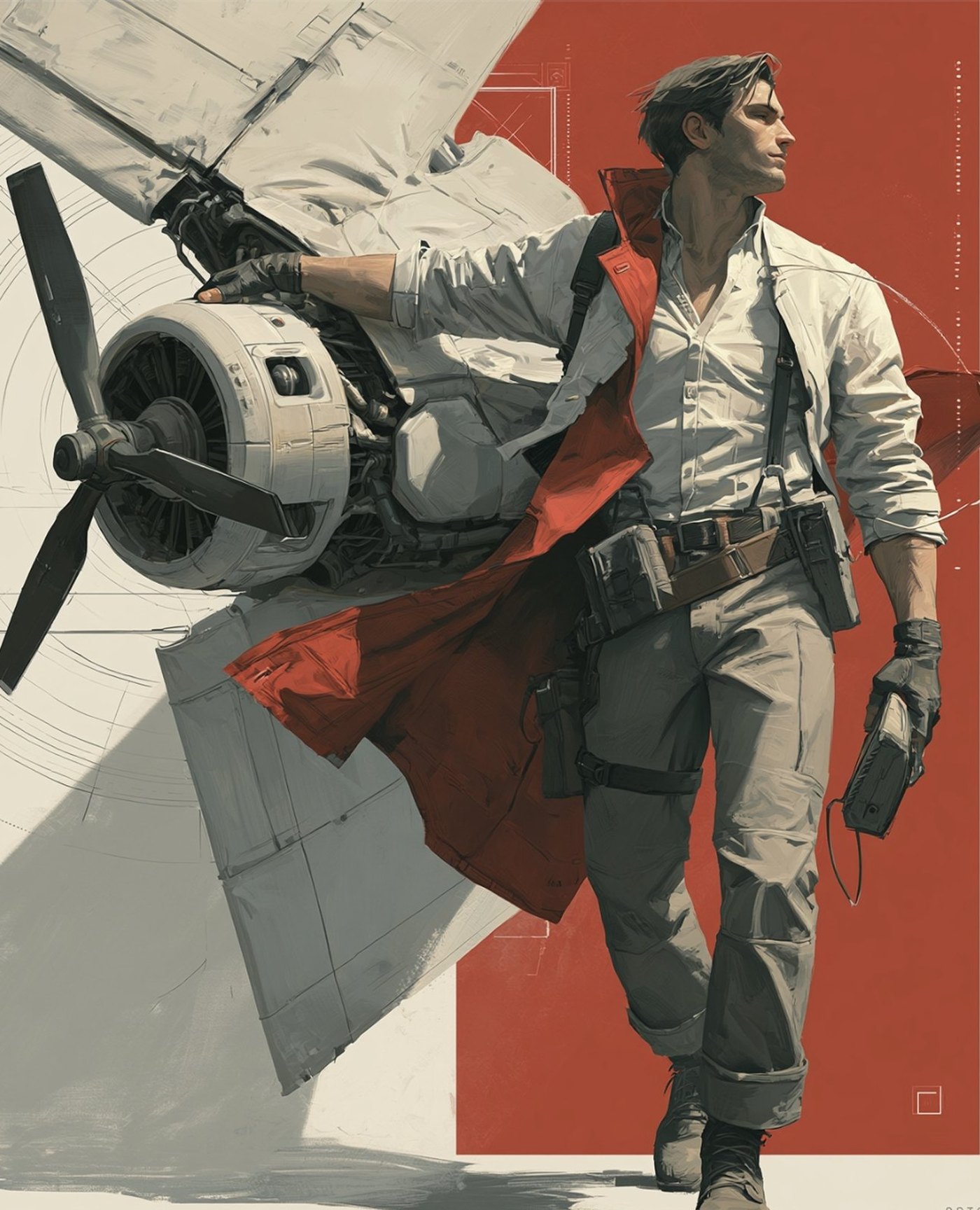 Editorial illustration: an engineer walks forward from beneath an aircraft engine, one hand still on the cowling, a red coat sweeping behind him against a red field and drafting geometry