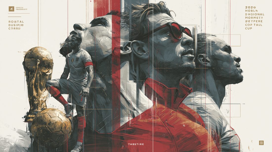 World Cup 2026 — editorial brand plate: the trophy, a footballer and player profiles in charcoal, rust and cream